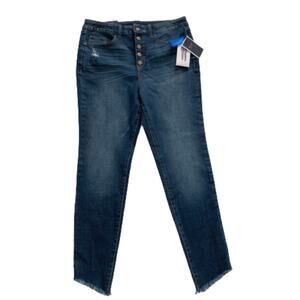 Kaari Blue Ankle Jeans Button Fly High Rise Frayed Hem Skinny Jeans Size 14 NEW